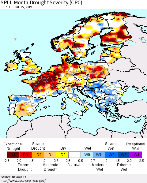 Europe SPI 1-Month Drought Severity (CPC) Thematic Map For 6/16/2019 - 7/15/2019