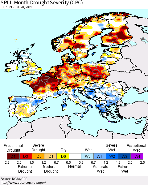 Europe SPI 1-Month Drought Severity (CPC) Thematic Map For 6/21/2019 - 7/20/2019