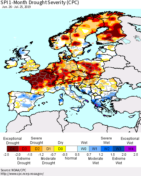 Europe SPI 1-Month Drought Severity (CPC) Thematic Map For 6/26/2019 - 7/25/2019