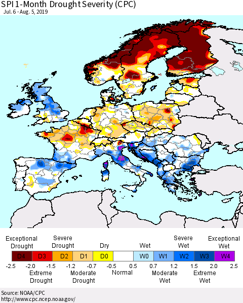 Europe SPI 1-Month Drought Severity (CPC) Thematic Map For 7/6/2019 - 8/5/2019