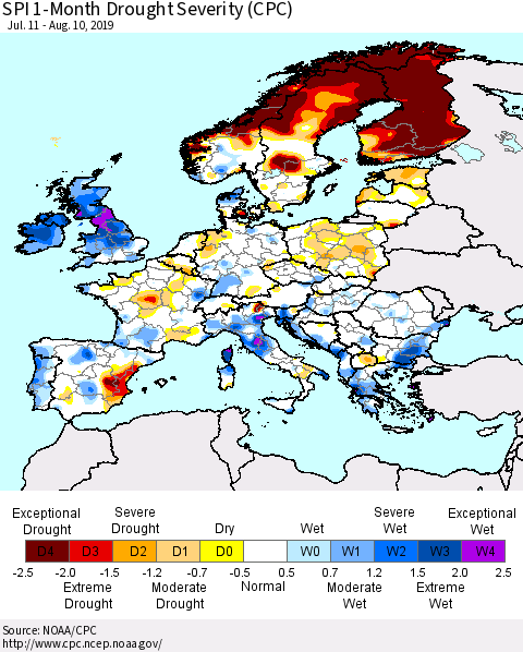 Europe SPI 1-Month Drought Severity (CPC) Thematic Map For 7/11/2019 - 8/10/2019