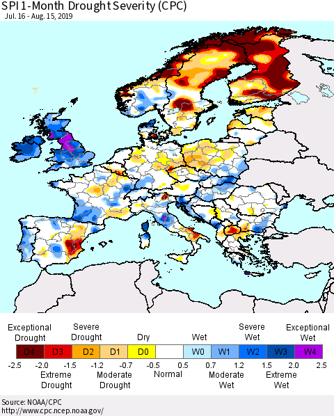 Europe SPI 1-Month Drought Severity (CPC) Thematic Map For 7/16/2019 - 8/15/2019