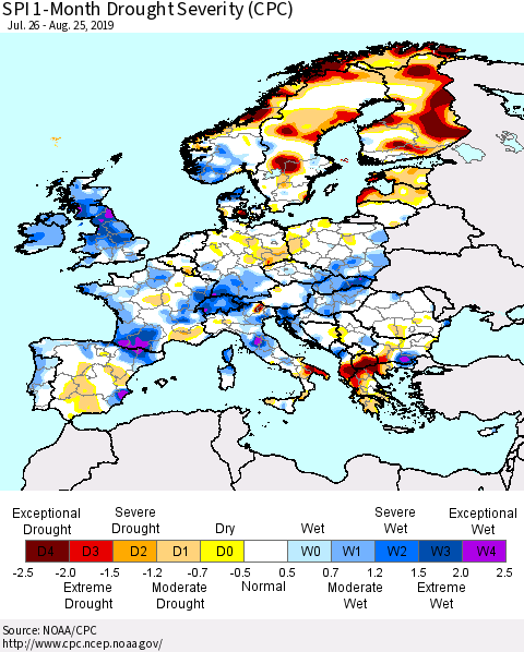 Europe SPI 1-Month Drought Severity (CPC) Thematic Map For 7/26/2019 - 8/25/2019