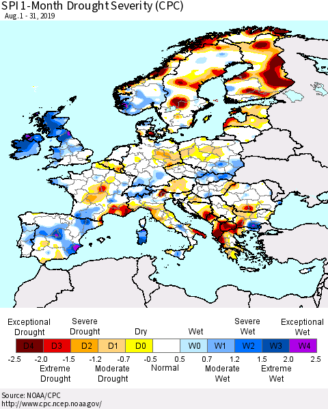 Europe SPI 1-Month Drought Severity (CPC) Thematic Map For 8/1/2019 - 8/31/2019