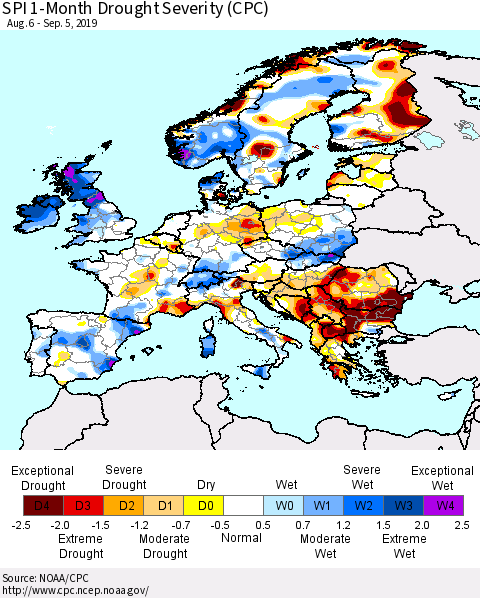 Europe SPI 1-Month Drought Severity (CPC) Thematic Map For 8/6/2019 - 9/5/2019