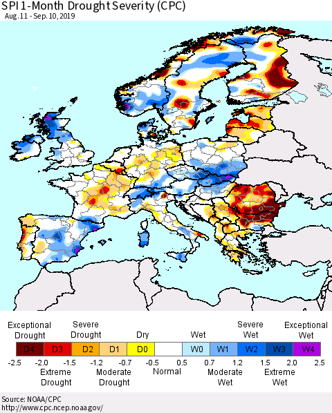 Europe SPI 1-Month Drought Severity (CPC) Thematic Map For 8/11/2019 - 9/10/2019