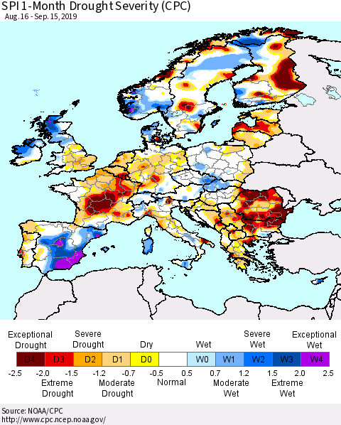 Europe SPI 1-Month Drought Severity (CPC) Thematic Map For 8/16/2019 - 9/15/2019