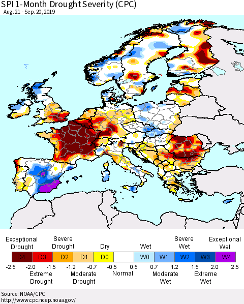 Europe SPI 1-Month Drought Severity (CPC) Thematic Map For 8/21/2019 - 9/20/2019