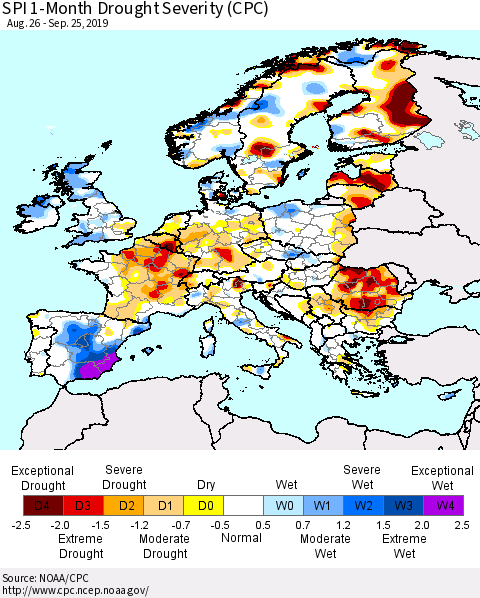 Europe SPI 1-Month Drought Severity (CPC) Thematic Map For 8/26/2019 - 9/25/2019