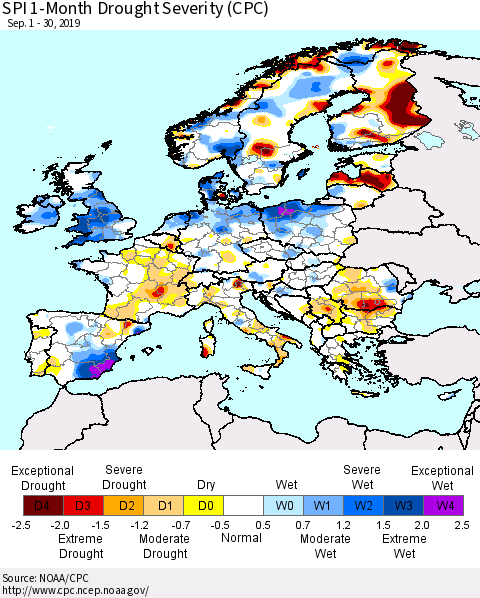 Europe SPI 1-Month Drought Severity (CPC) Thematic Map For 9/1/2019 - 9/30/2019