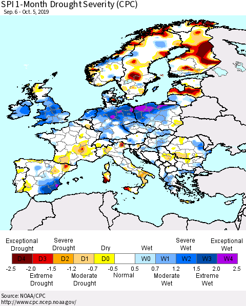 Europe SPI 1-Month Drought Severity (CPC) Thematic Map For 9/6/2019 - 10/5/2019