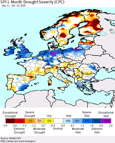 Europe SPI 1-Month Drought Severity (CPC) Thematic Map For 9/11/2019 - 10/10/2019