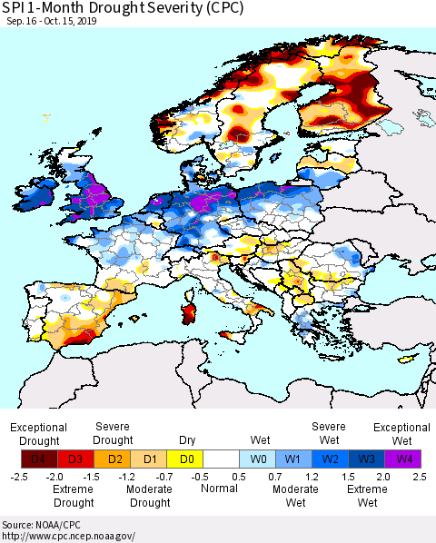Europe SPI 1-Month Drought Severity (CPC) Thematic Map For 9/16/2019 - 10/15/2019