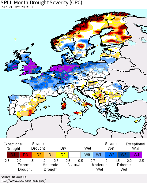 Europe SPI 1-Month Drought Severity (CPC) Thematic Map For 9/21/2019 - 10/20/2019