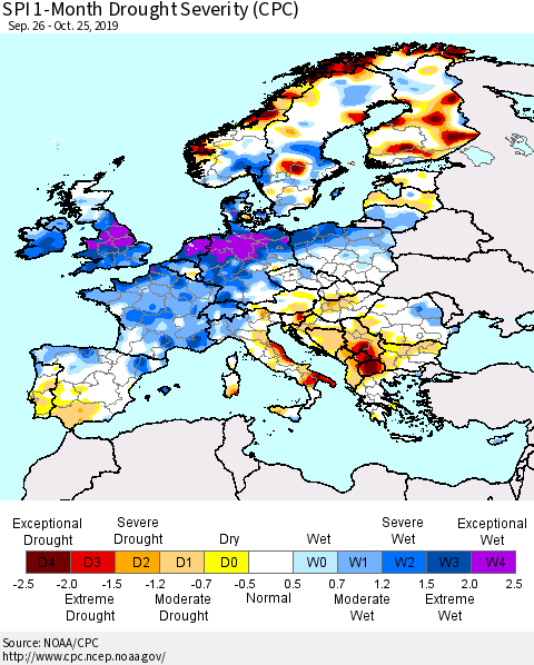 Europe SPI 1-Month Drought Severity (CPC) Thematic Map For 9/26/2019 - 10/25/2019