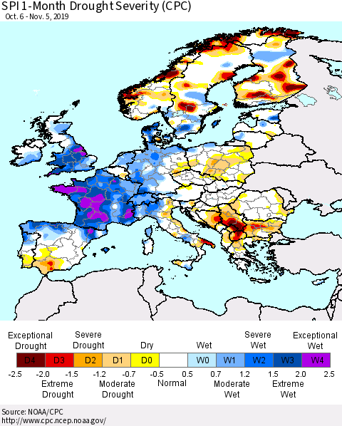Europe SPI 1-Month Drought Severity (CPC) Thematic Map For 10/6/2019 - 11/5/2019