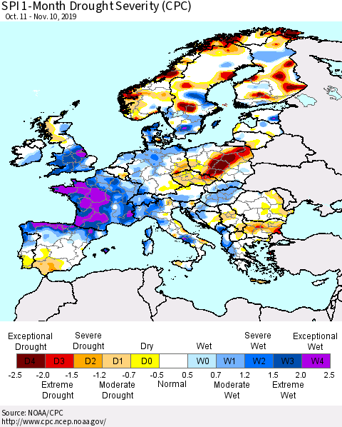 Europe SPI 1-Month Drought Severity (CPC) Thematic Map For 10/11/2019 - 11/10/2019