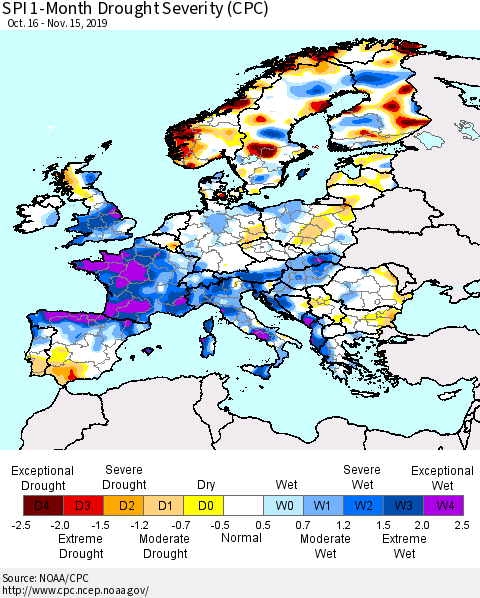 Europe SPI 1-Month Drought Severity (CPC) Thematic Map For 10/16/2019 - 11/15/2019