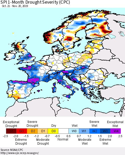 Europe SPI 1-Month Drought Severity (CPC) Thematic Map For 10/21/2019 - 11/20/2019