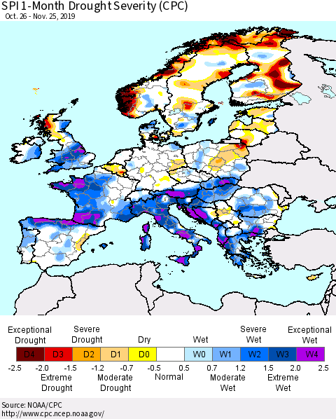Europe SPI 1-Month Drought Severity (CPC) Thematic Map For 10/26/2019 - 11/25/2019