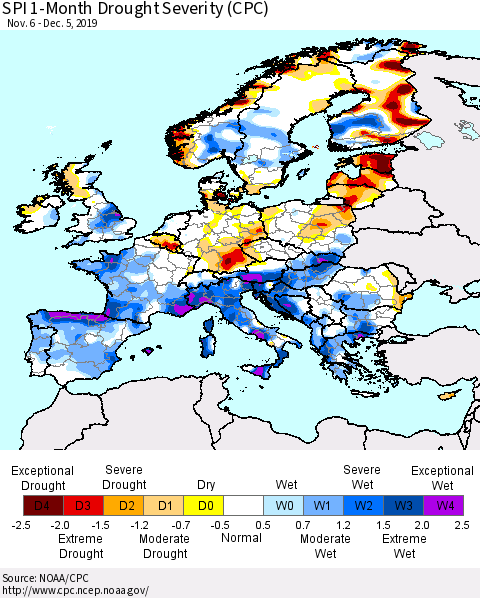 Europe SPI 1-Month Drought Severity (CPC) Thematic Map For 11/6/2019 - 12/5/2019