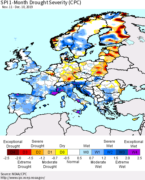 Europe SPI 1-Month Drought Severity (CPC) Thematic Map For 11/11/2019 - 12/10/2019