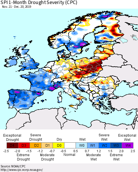 Europe SPI 1-Month Drought Severity (CPC) Thematic Map For 11/21/2019 - 12/20/2019