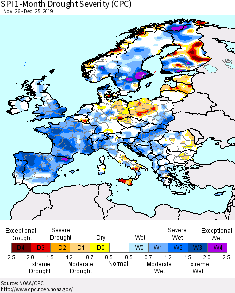 Europe SPI 1-Month Drought Severity (CPC) Thematic Map For 11/26/2019 - 12/25/2019