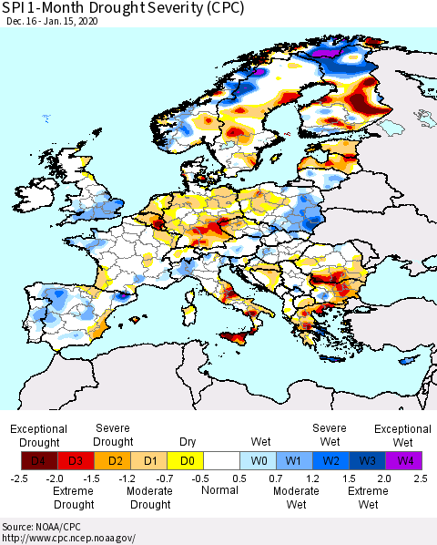 Europe SPI 1-Month Drought Severity (CPC) Thematic Map For 12/16/2019 - 1/15/2020