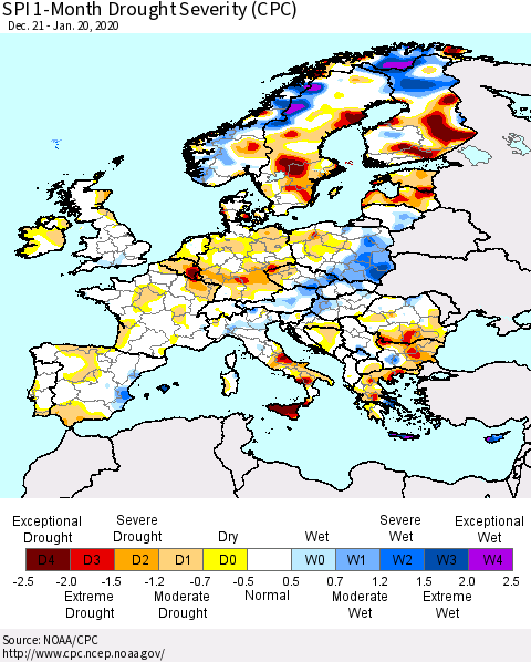 Europe SPI 1-Month Drought Severity (CPC) Thematic Map For 12/21/2019 - 1/20/2020