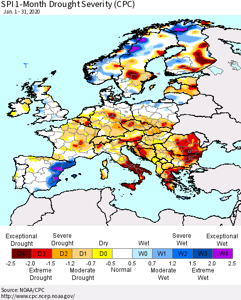 Europe SPI 1-Month Drought Severity (CPC) Thematic Map For 1/1/2020 - 1/31/2020