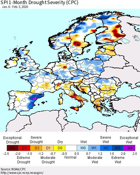 Europe SPI 1-Month Drought Severity (CPC) Thematic Map For 1/6/2020 - 2/5/2020
