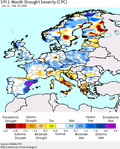 Europe SPI 1-Month Drought Severity (CPC) Thematic Map For 1/11/2020 - 2/10/2020
