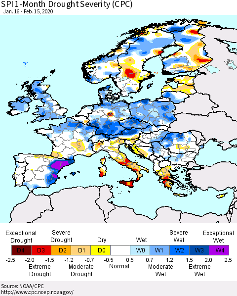 Europe SPI 1-Month Drought Severity (CPC) Thematic Map For 1/16/2020 - 2/15/2020