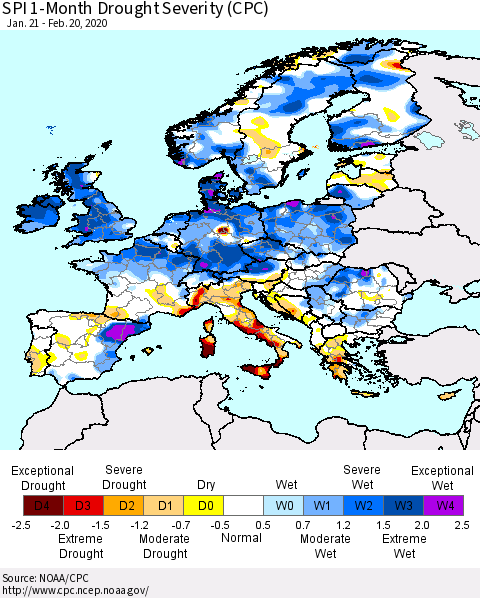 Europe SPI 1-Month Drought Severity (CPC) Thematic Map For 1/21/2020 - 2/20/2020