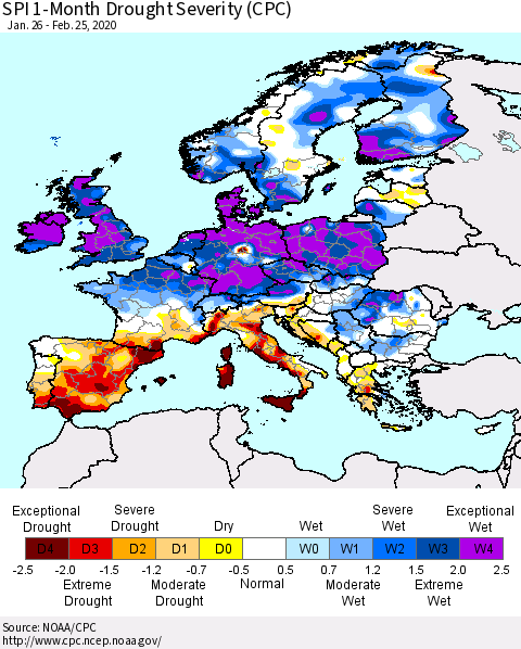 Europe SPI 1-Month Drought Severity (CPC) Thematic Map For 1/26/2020 - 2/25/2020