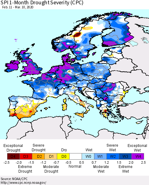 Europe SPI 1-Month Drought Severity (CPC) Thematic Map For 2/11/2020 - 3/10/2020
