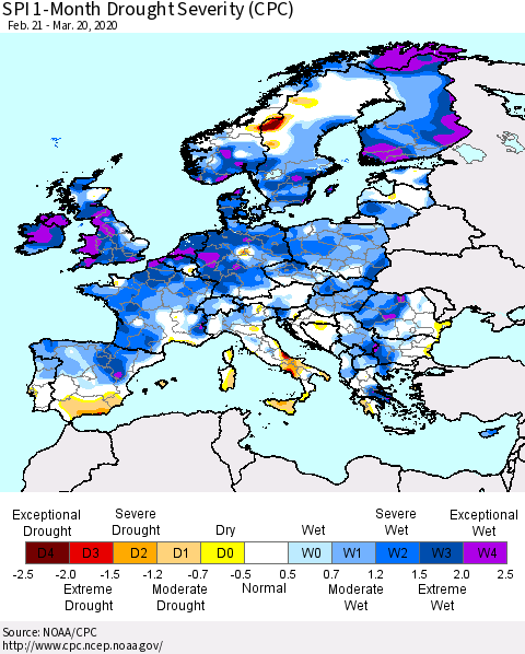 Europe SPI 1-Month Drought Severity (CPC) Thematic Map For 2/21/2020 - 3/20/2020