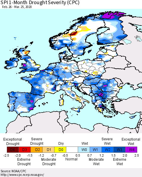 Europe SPI 1-Month Drought Severity (CPC) Thematic Map For 2/26/2020 - 3/25/2020