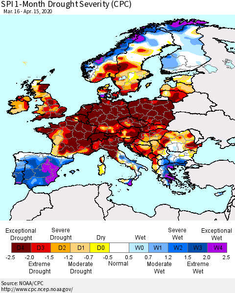 Europe SPI 1-Month Drought Severity (CPC) Thematic Map For 3/16/2020 - 4/15/2020