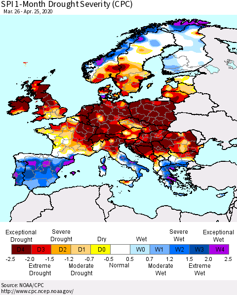 Europe SPI 1-Month Drought Severity (CPC) Thematic Map For 3/26/2020 - 4/25/2020