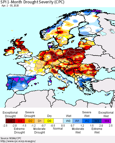 Europe SPI 1-Month Drought Severity (CPC) Thematic Map For 4/1/2020 - 4/30/2020