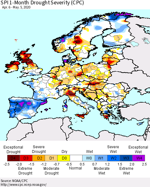 Europe SPI 1-Month Drought Severity (CPC) Thematic Map For 4/6/2020 - 5/5/2020