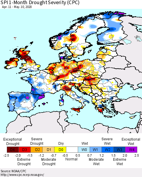 Europe SPI 1-Month Drought Severity (CPC) Thematic Map For 4/11/2020 - 5/10/2020