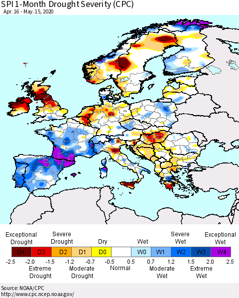 Europe SPI 1-Month Drought Severity (CPC) Thematic Map For 4/16/2020 - 5/15/2020