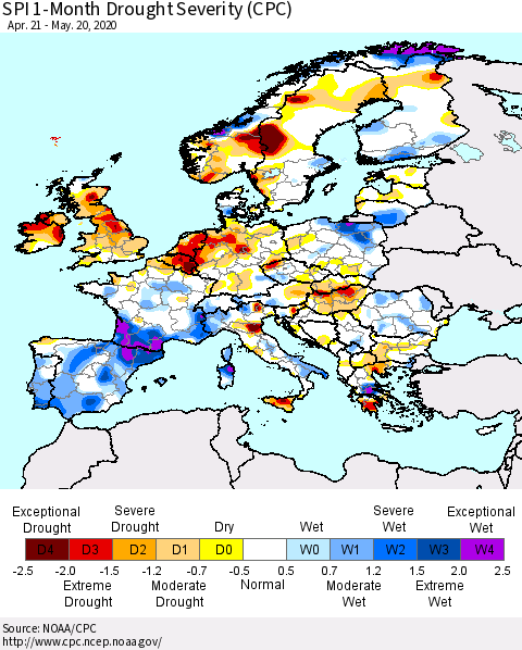 Europe SPI 1-Month Drought Severity (CPC) Thematic Map For 4/21/2020 - 5/20/2020