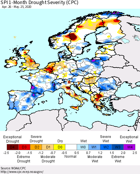 Europe SPI 1-Month Drought Severity (CPC) Thematic Map For 4/26/2020 - 5/25/2020