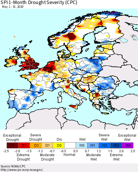 Europe SPI 1-Month Drought Severity (CPC) Thematic Map For 5/1/2020 - 5/31/2020