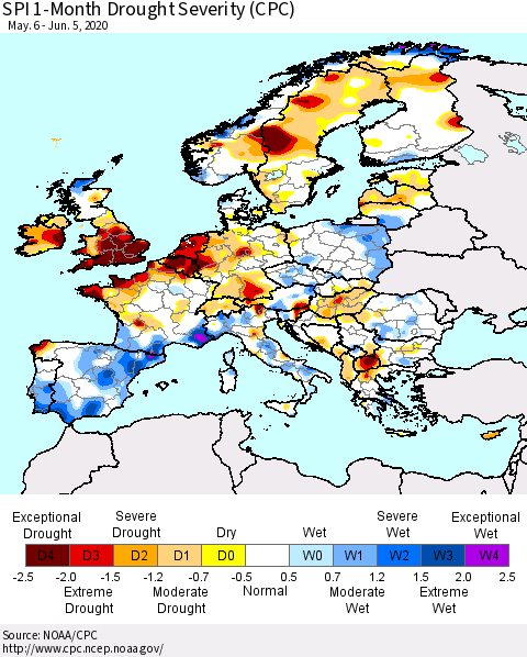 Europe SPI 1-Month Drought Severity (CPC) Thematic Map For 5/6/2020 - 6/5/2020