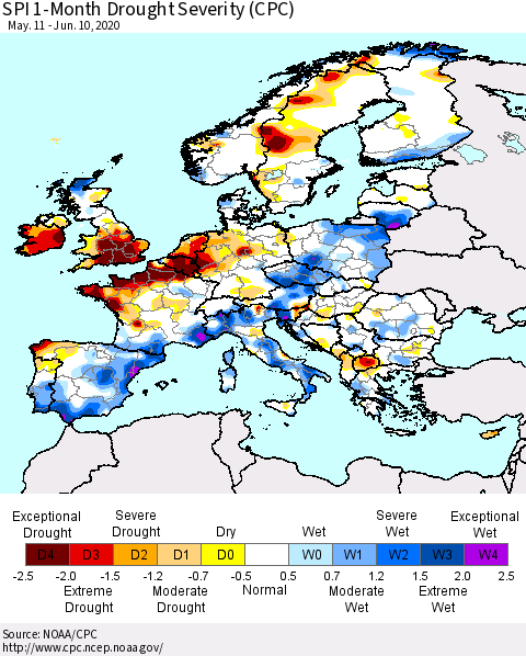 Europe SPI 1-Month Drought Severity (CPC) Thematic Map For 5/11/2020 - 6/10/2020